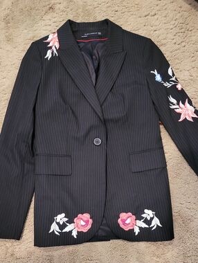 Zara Black Pinstripe Blazer with Pink & White Floral Embroidery